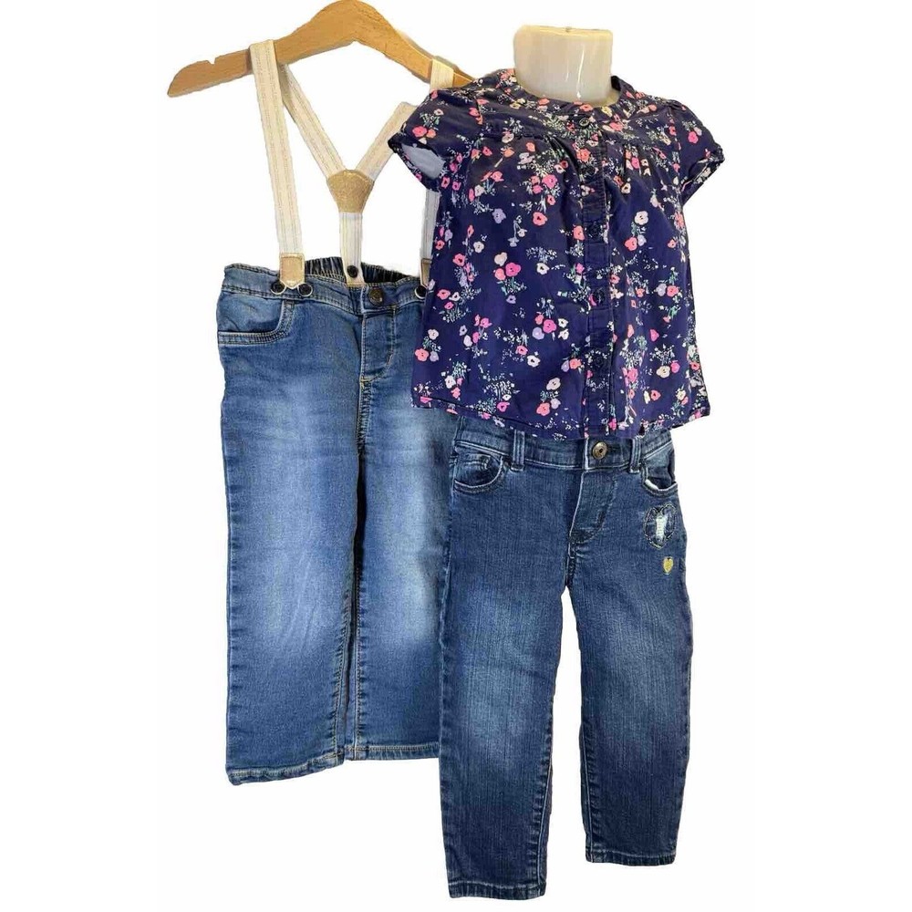 Oshkosh Baby B’gosh Lot Of 4 - 18/24 Mo Denim Suspenders Jeans Floral Shirt